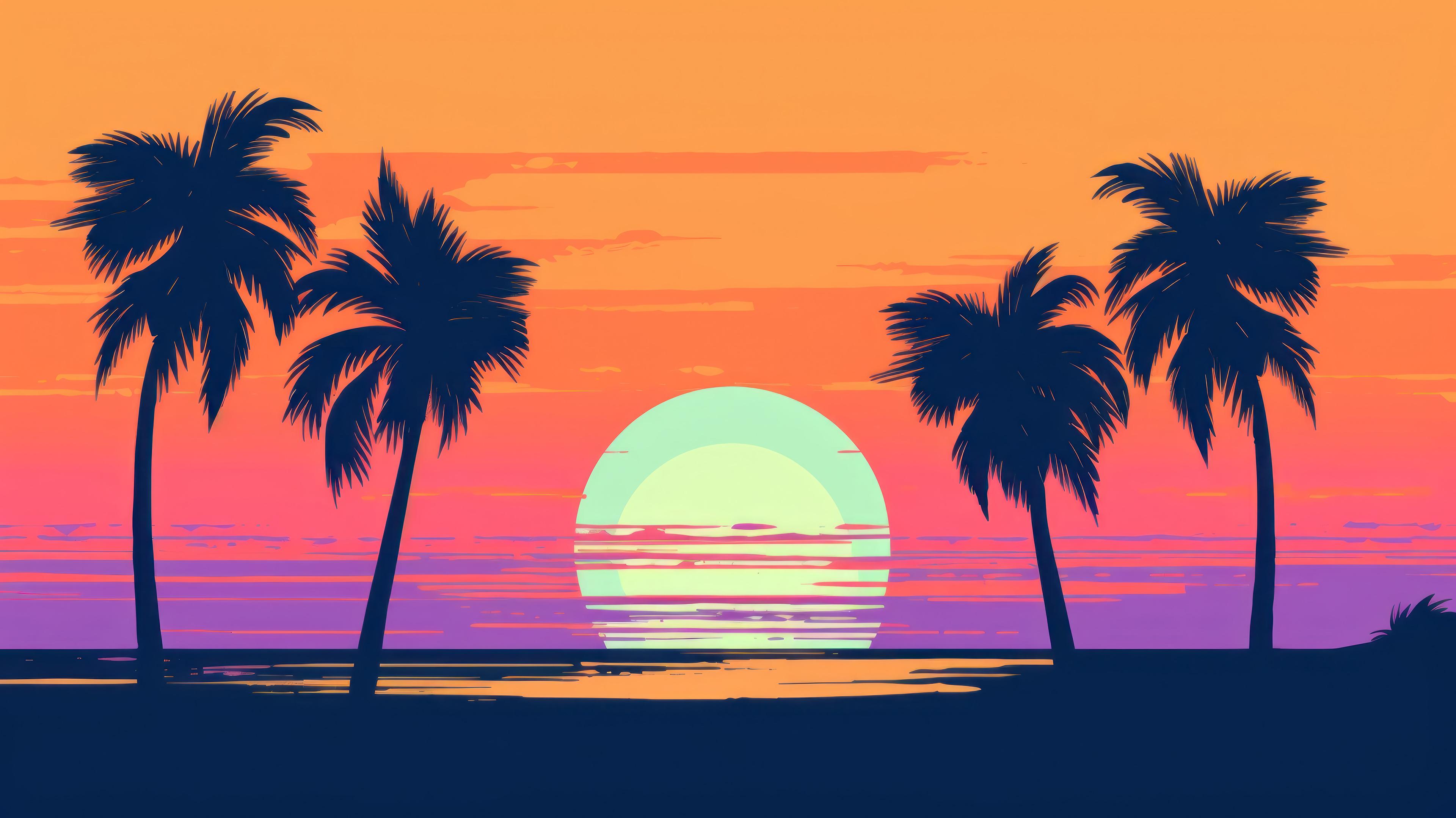 Sunset Palm Trees Silhouette Minimalist Art 4K Wallpaper iPhone HD