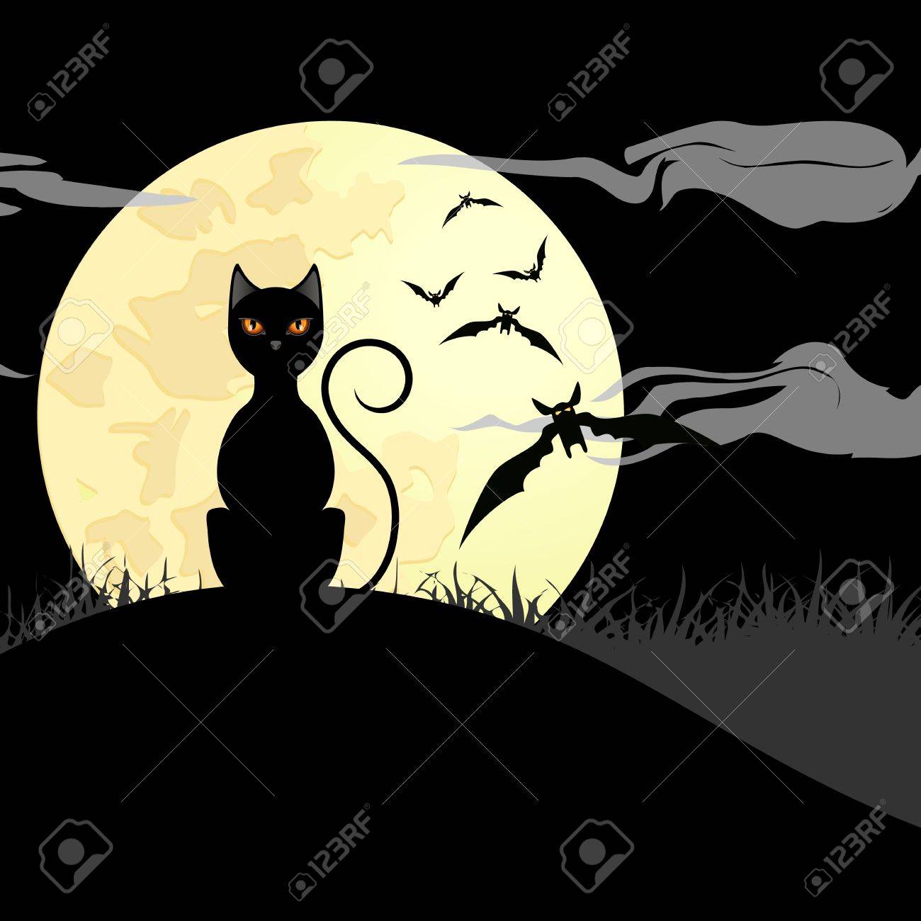 Halloween Background With Black Cat Bats Und Shiny Full Moon