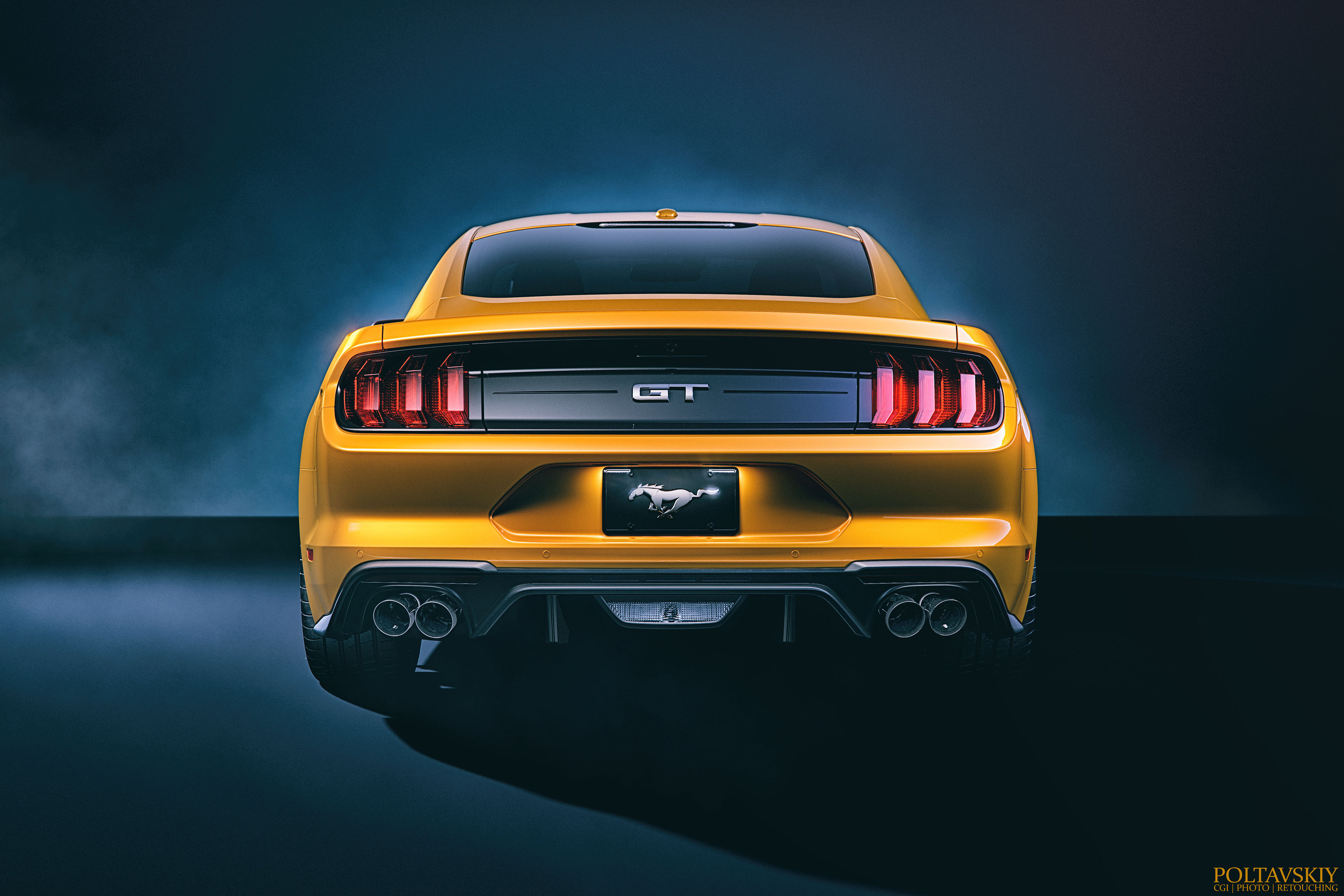Rear view of a gold Ford Mustang GT, highlighting its dual exhaust pipes and GT badge