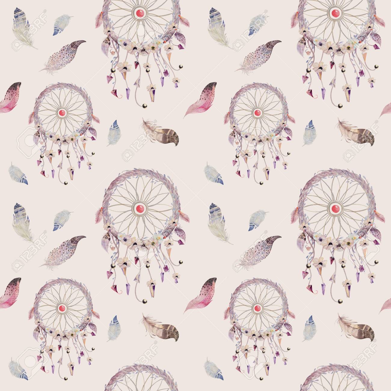 Dreamcatcher And Feather Pattern Watercolor Bohemian Decoration