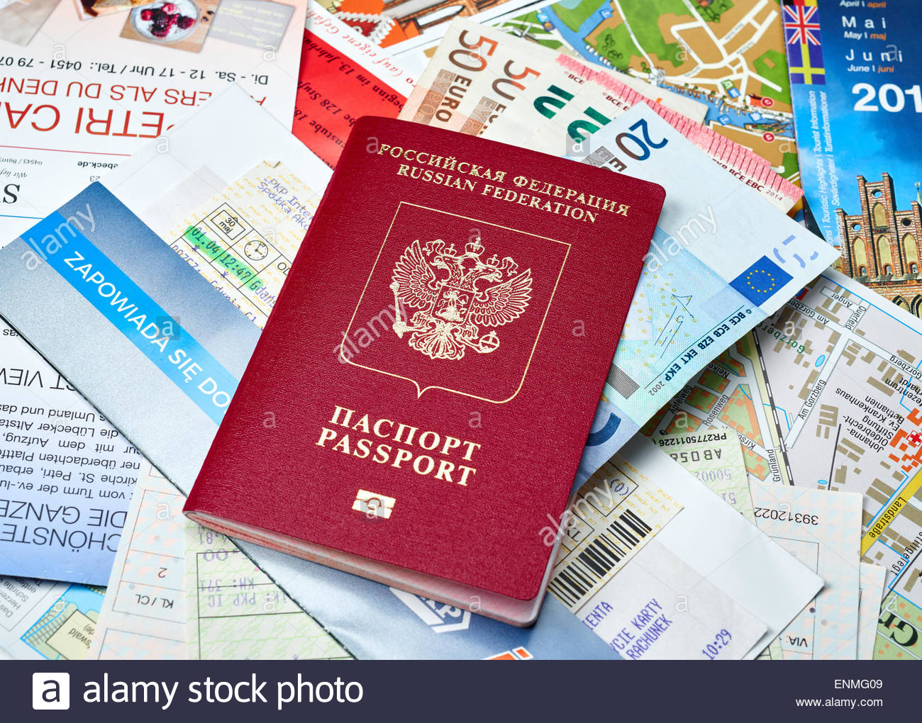 Russian Passport And Euro Banknotes On The Map Background Stock