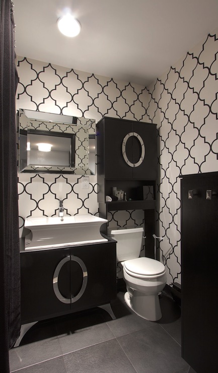 Black And White Trellis Wallpaper Contemporary Bathroom Vanessa