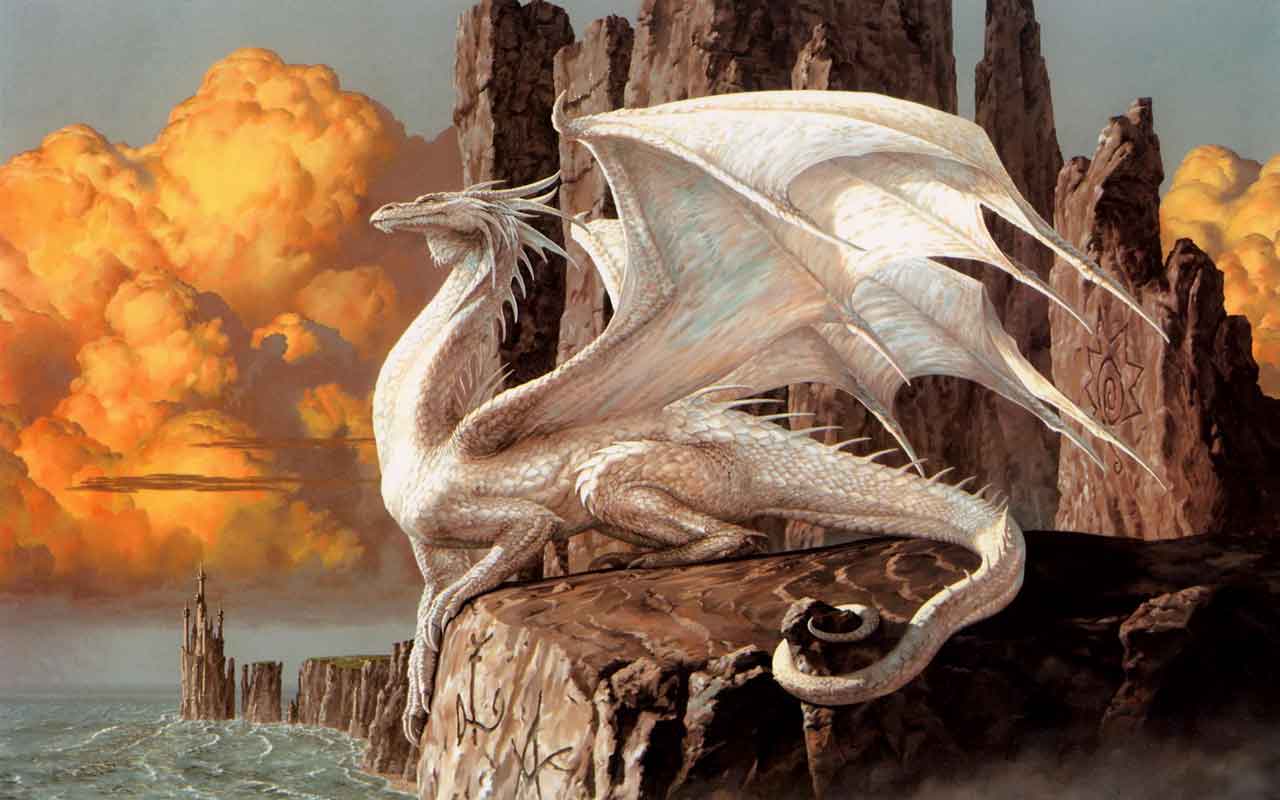 A majestic white dragon perched atop a cliff overlooking a tumultuous sea, with towering rock formations and a vibrant sunset in the background