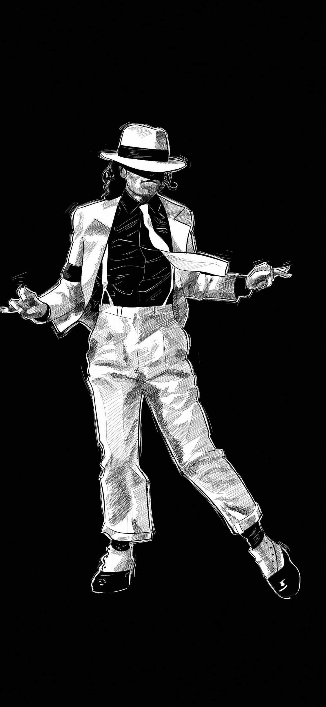 A stylized black and white sketch of Michael Jackson in his iconic performance attire, including a fedora, white suit, and loafers