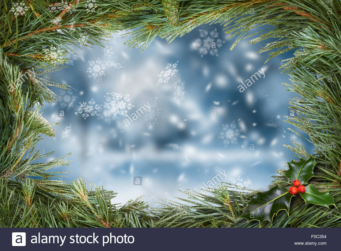 Traditional Christmas Tree Border With A Snow Scene Background
