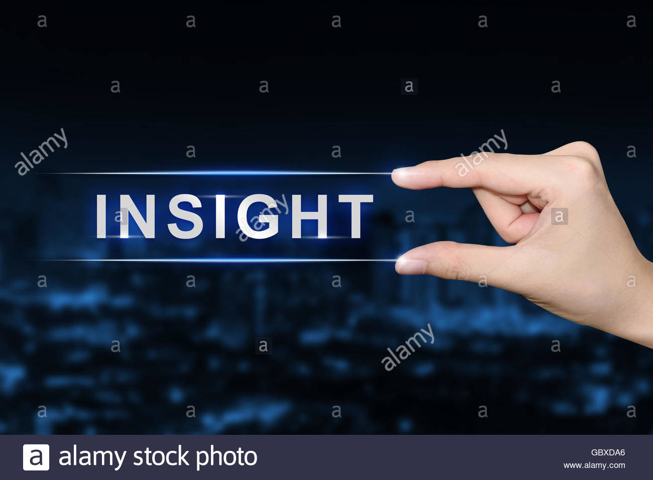 Hand Pushing Insight Button On Blurred Blue Background Stock Photo
