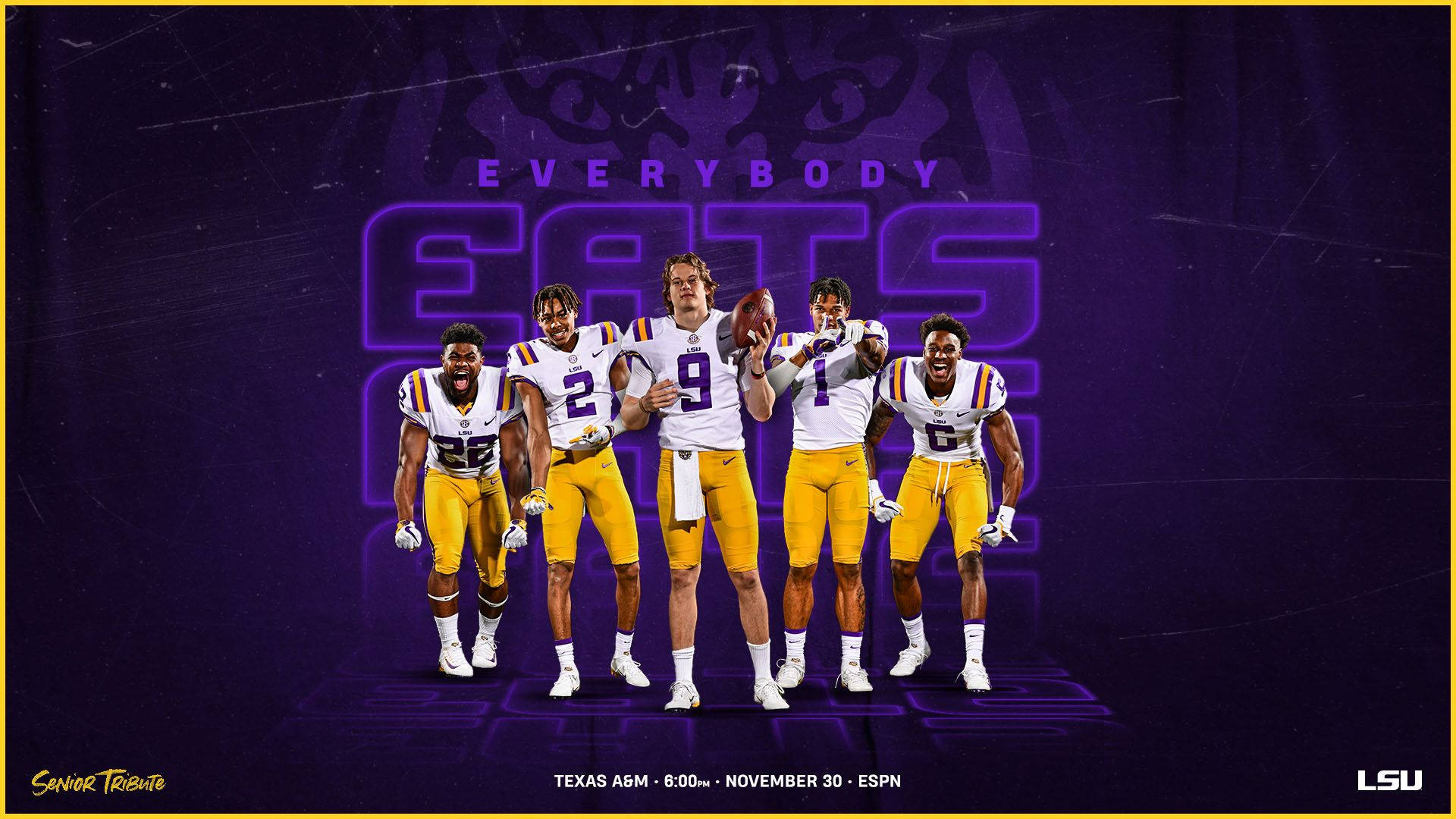LSU Football Senior Tribute: A graphic featuring five LSU football players in their purple and gold uniforms against a dynamic purple backdrop. The text 'EVERYBODY EATS' highlights the team's motto, and the image promotes the upcoming Senior Tribute game against Texas A&M