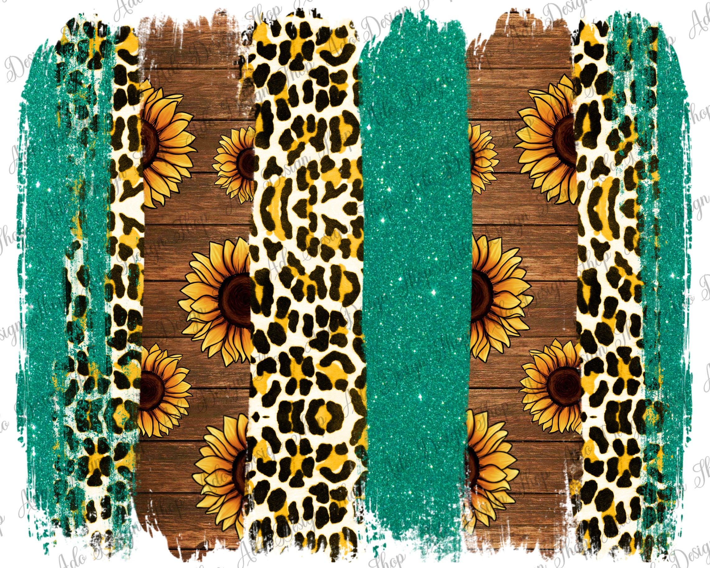 A collage featuring a teal glitter strip, a leopard print strip, and a rustic wood strip with sunflowers, perfect for glitter leopard wallpaper enthusiasts