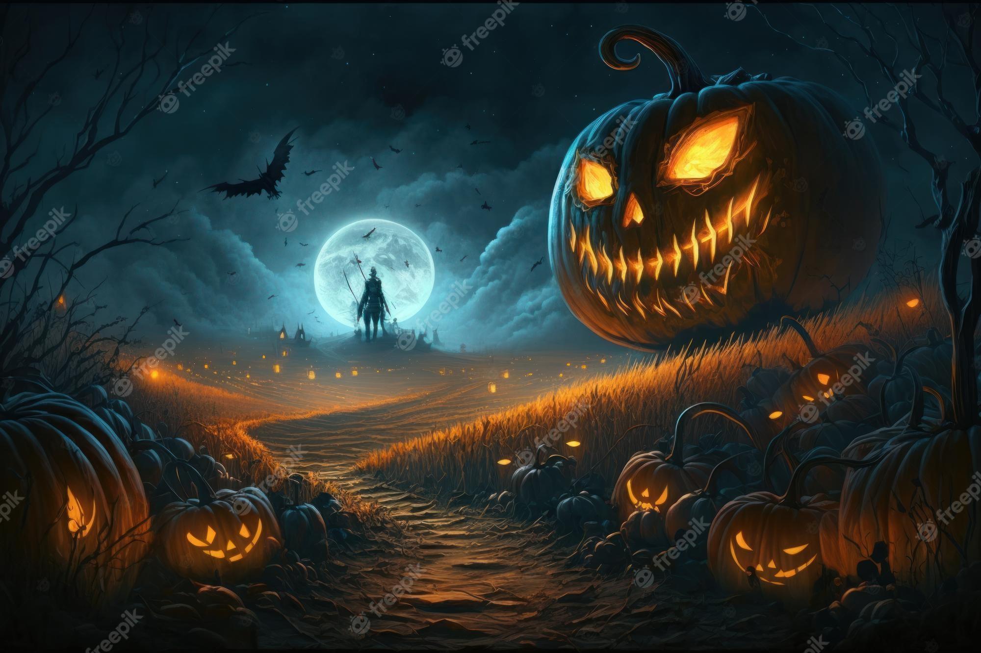 Premium Photo Halloween Background With Pumpkins And Witch In A