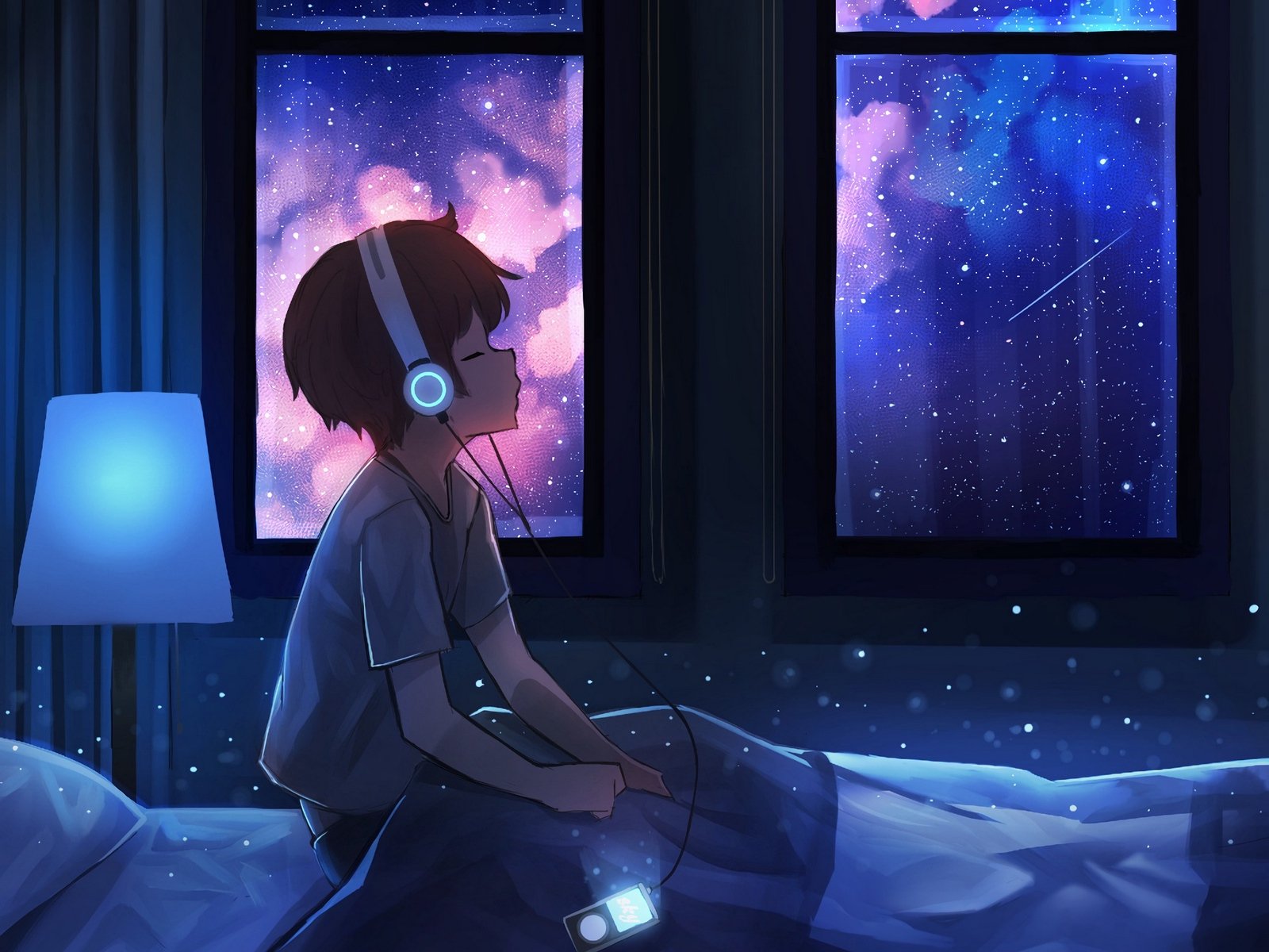 Wallpaper Boy Night Headphones Starry Sky Art