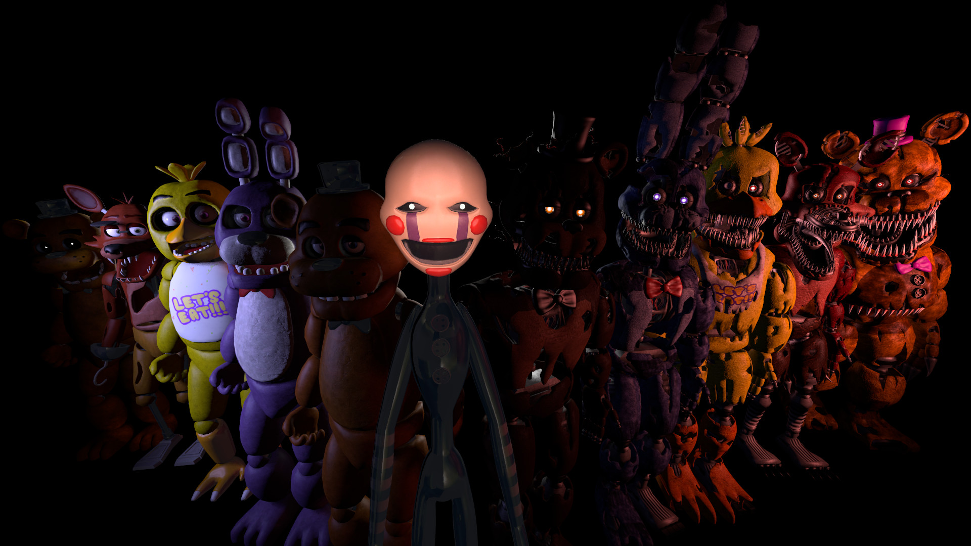 Group of FNAF animatronics in a dark setting