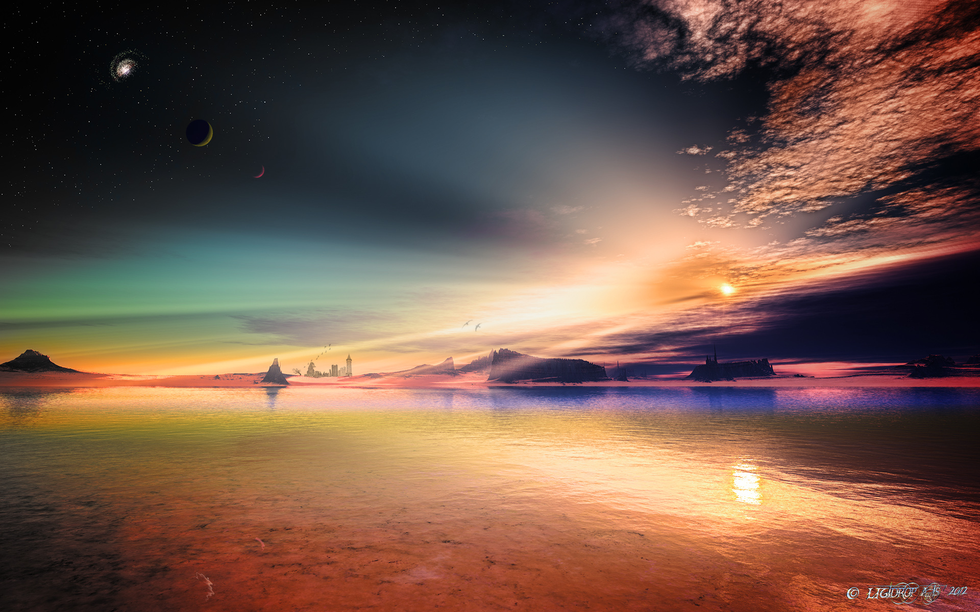 Art Alien Pla Rocks Sky Stars Lakeslandscape Reflection Sunset