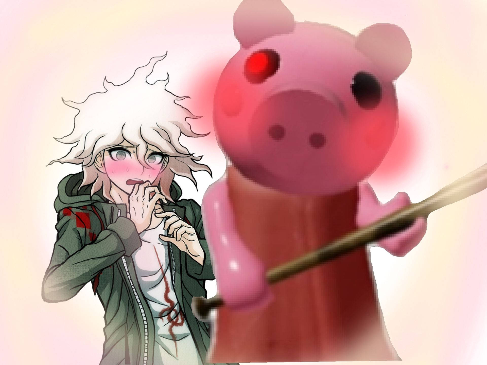 A fan art image featuring a character from Danganronpa and Piggy from Roblox