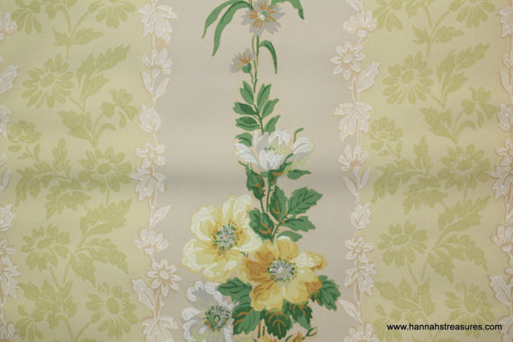 S Vintage Wallpaper Yellow Floral Stripe