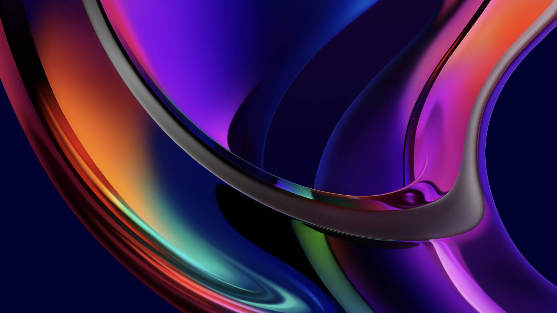 Abstract and vibrant 4k wallpaper suitable for MacBook Pro, featuring swirling shapes with a metallic sheen in shades of purple, orange, and green on a dark blue background