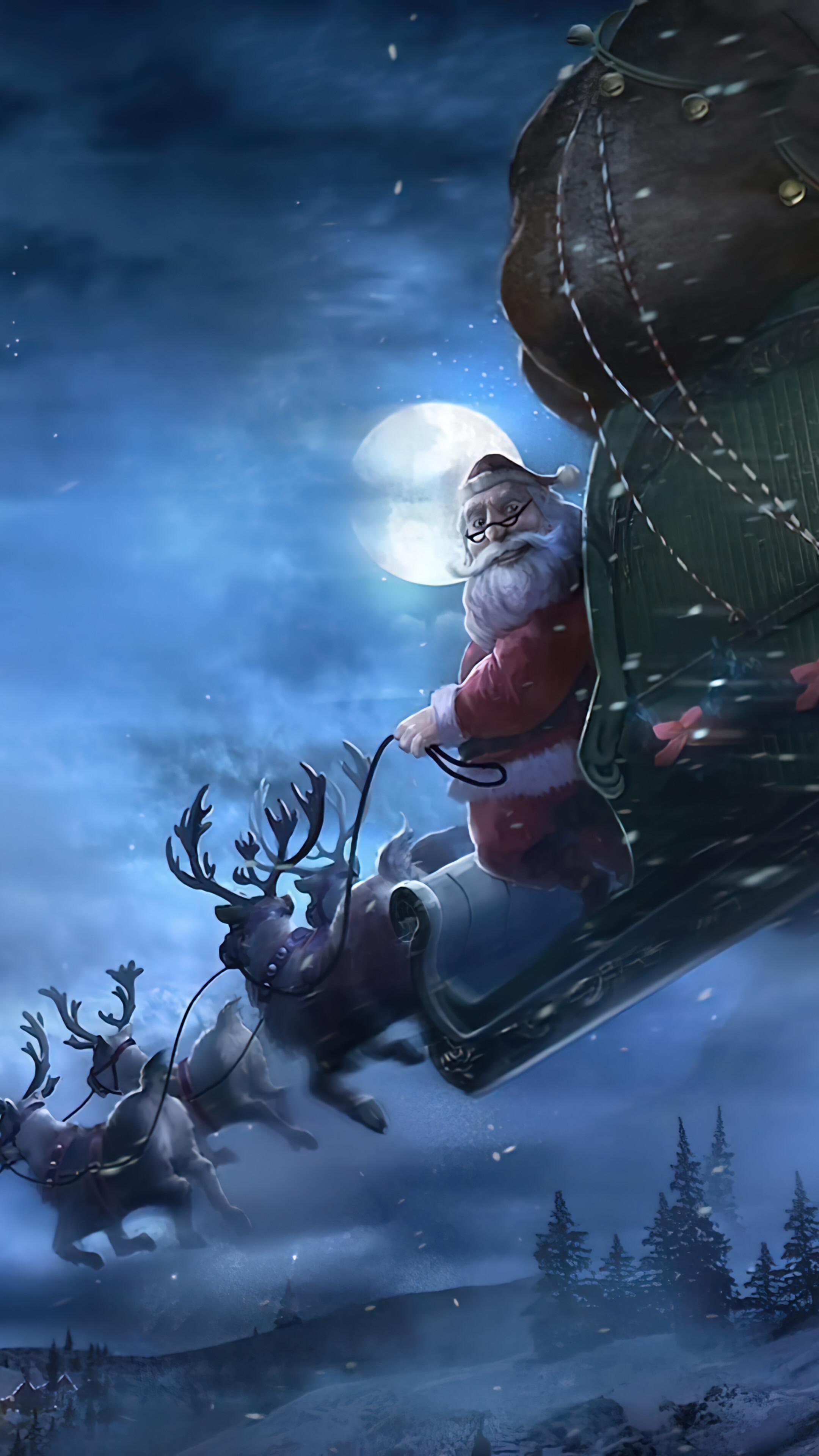 Santa Claus Reindeer Sleigh Christmas Gift Wallpaper iPhone Phone
