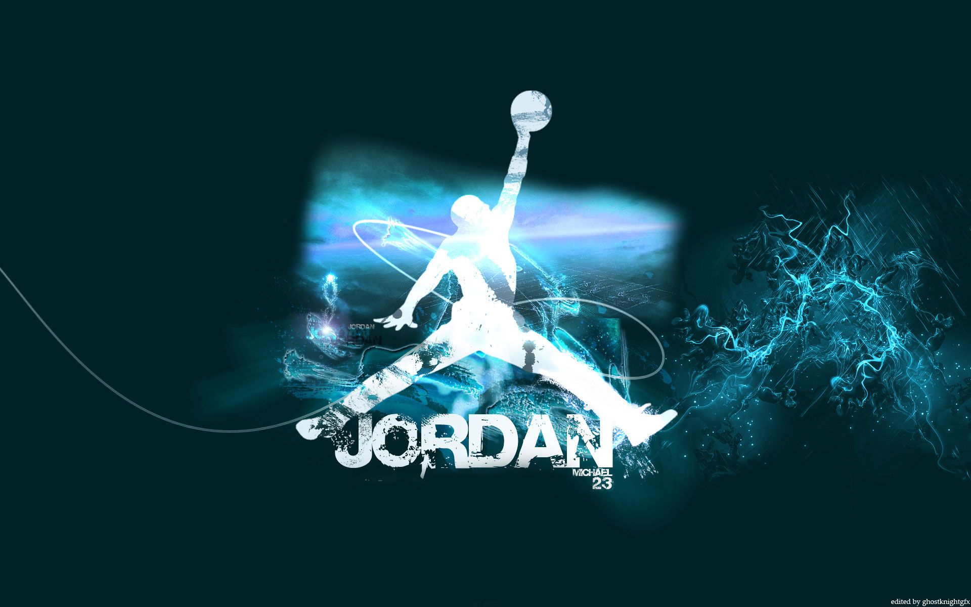 Michael Jordan silhouette dunking a basketball against a dynamic blue background