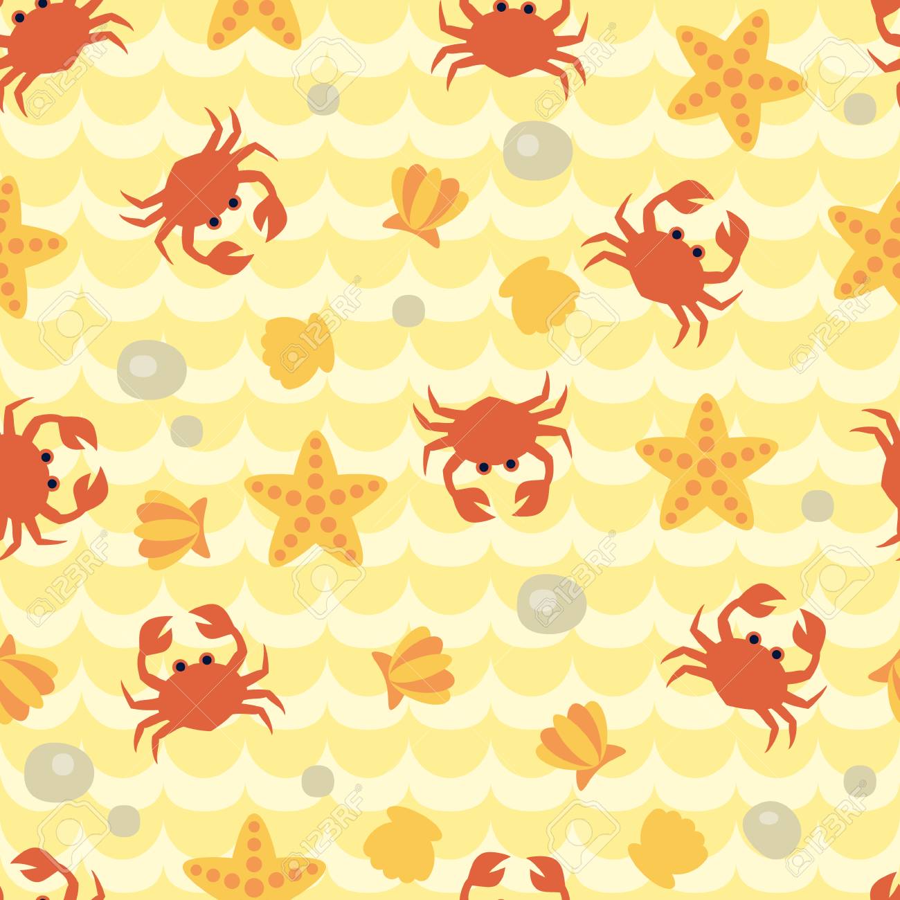 Seamless Pattern With Cute Cartoon Crabs Seashells And Starfishes