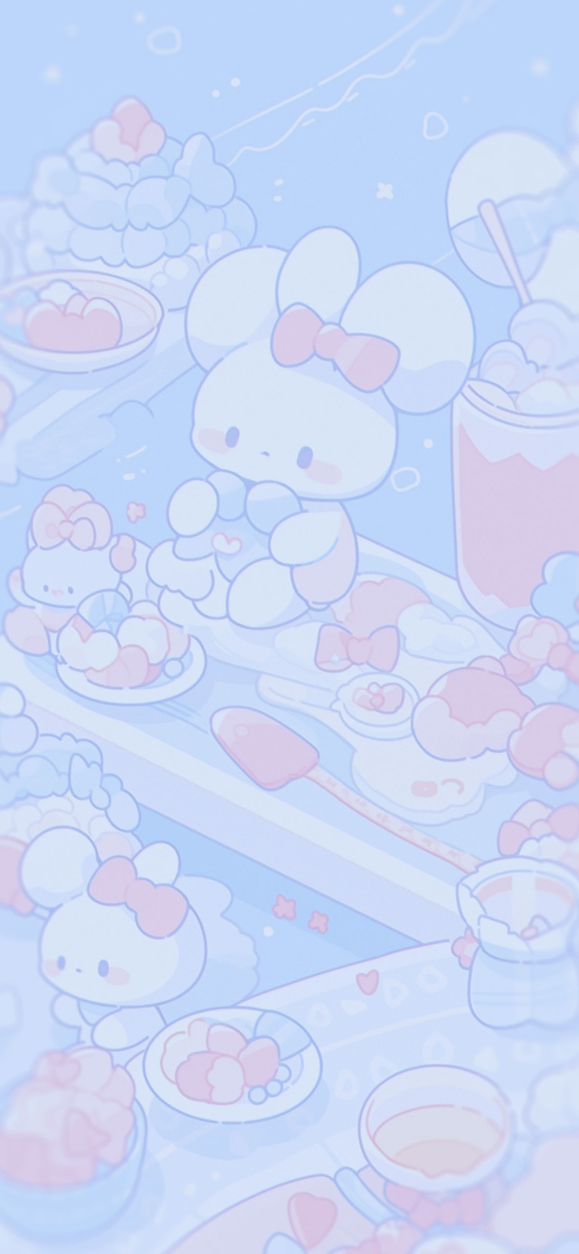 Pastel blue Sanrio wallpaper featuring cute bunnies enjoying desserts and drinks