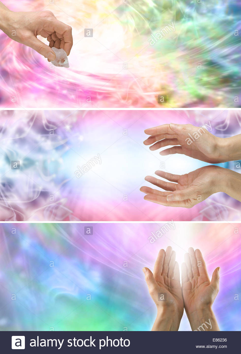 Three Different Healing Hands Website Banners With Rainbow Colored