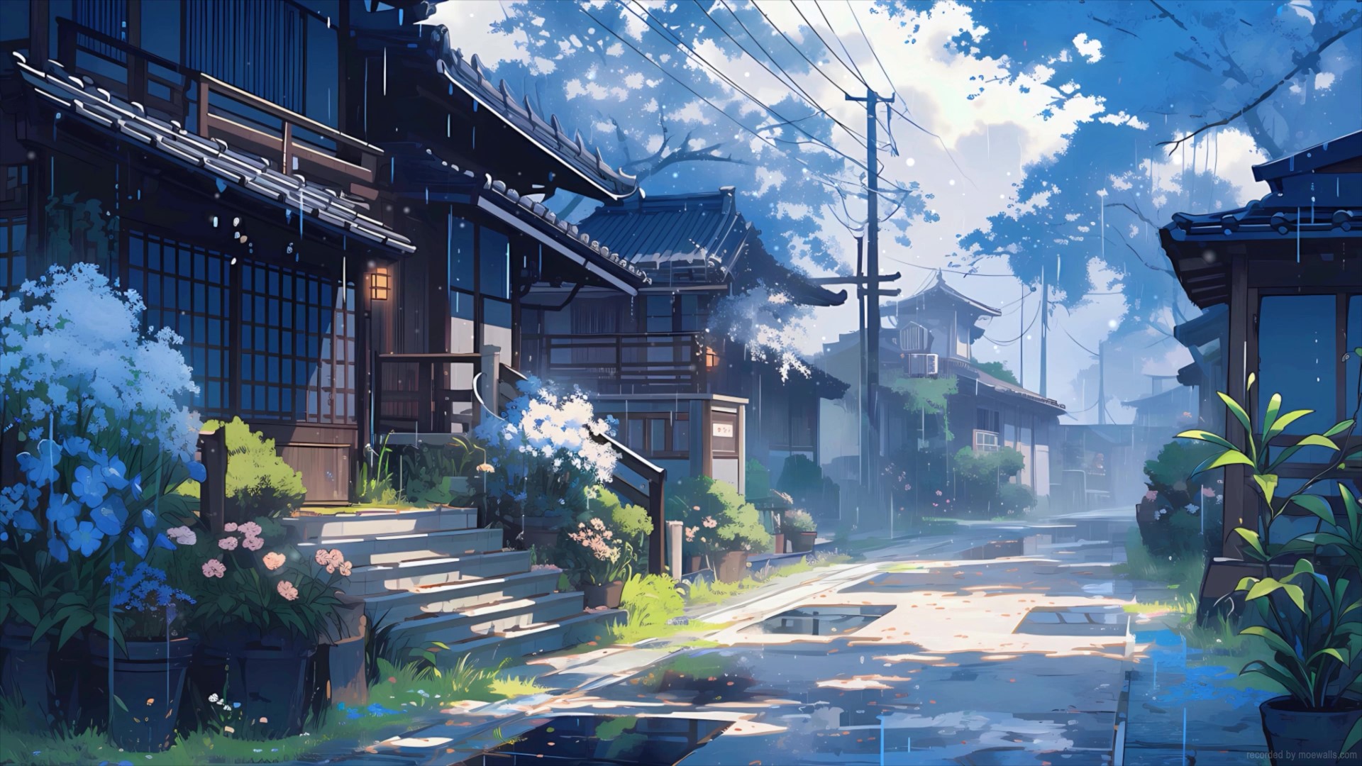 A serene anime-style street scene in Japan, softly lit by sunlight filtering through a gentle rain. Traditional Japanese houses line the street, with lush greenery and colorful flowers adding to the peaceful atmosphere