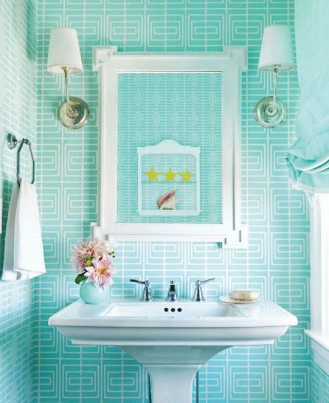 Beach House White Modern Turquoise Wallpaper Bathroom E1313339896514