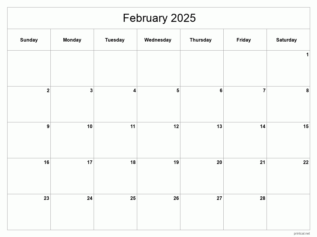 February 2025 calendar with dates, days of the week, and weeks clearly marked. Useful for planning and scheduling