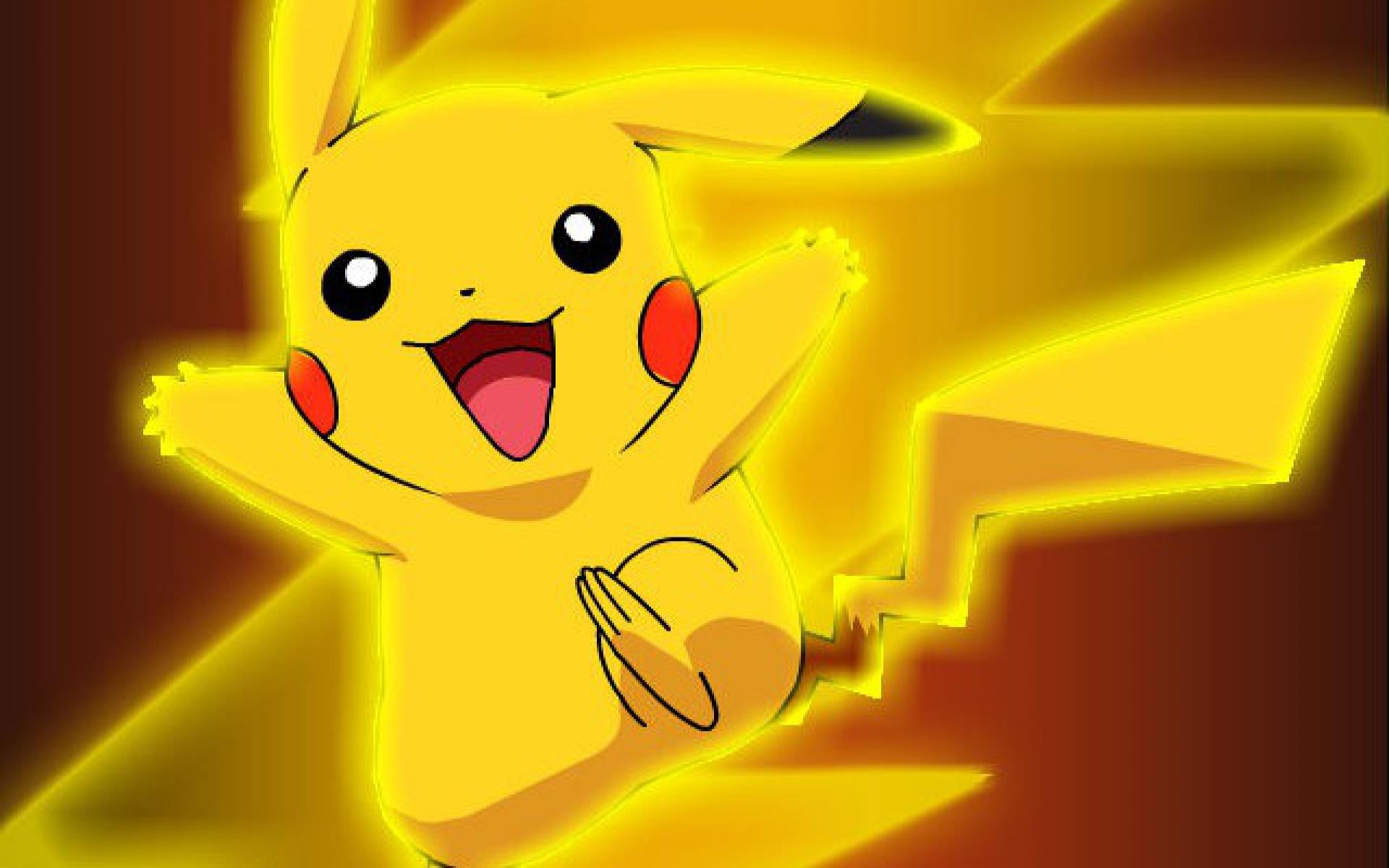 Pikachu, the electric mouse Pokémon, glows against a dark background. His mouth is open in a smile, and his hands are clasped in front of him