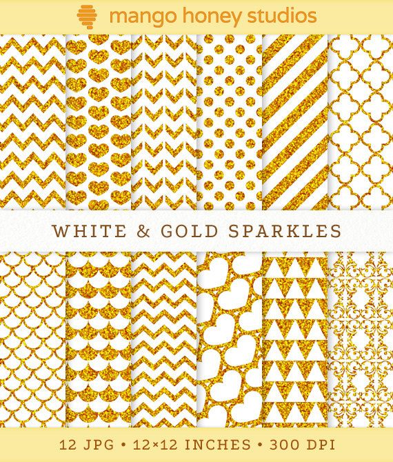 White And Gold Glitter Digital Paper Chevron Sparkly