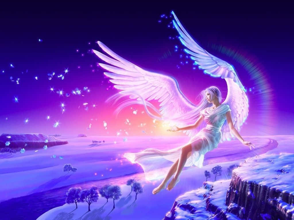 A stunning digital art piece depicting a snow angel with large white wings soaring over a winter landscape. The angel is dressed in flowing white robes, and the scene is bathed in vibrant purple and pink hues, creating a magical and ethereal atmosphere