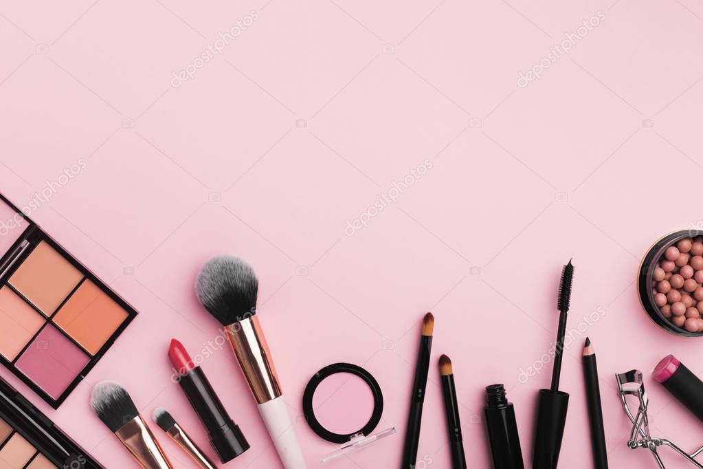 Organic Cosmetics For Makeup Banner On Light Pink Background