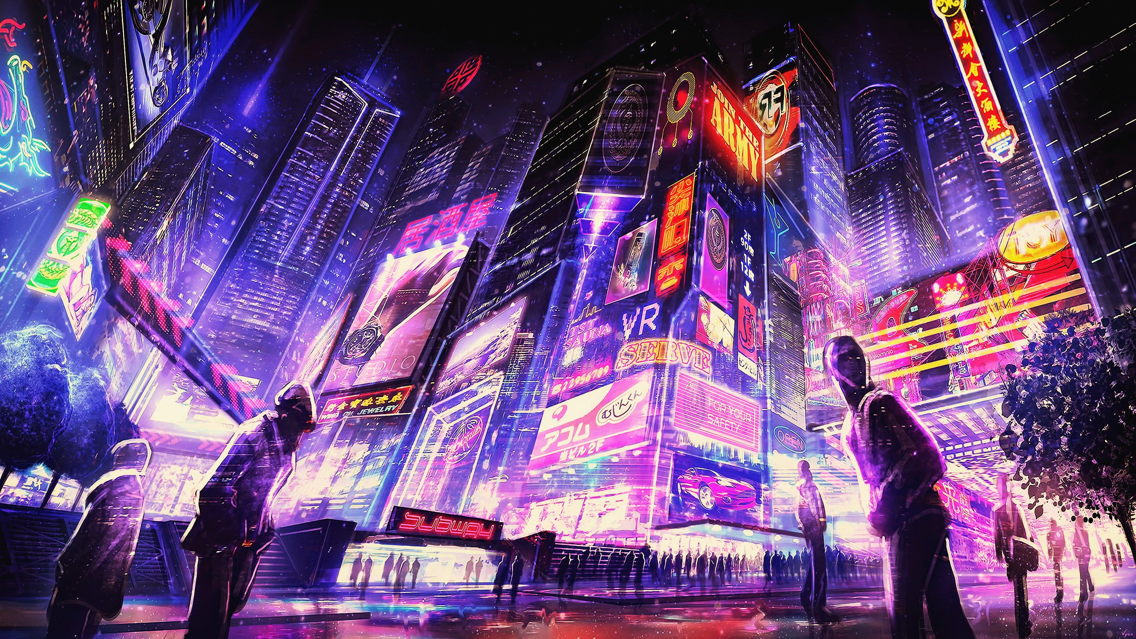 A vibrant cyberpunk cityscape at night, illuminated by neon signs and holographic advertisements. Silhouetted figures stand in the foreground, adding a sense of mystery to the futuristic scene