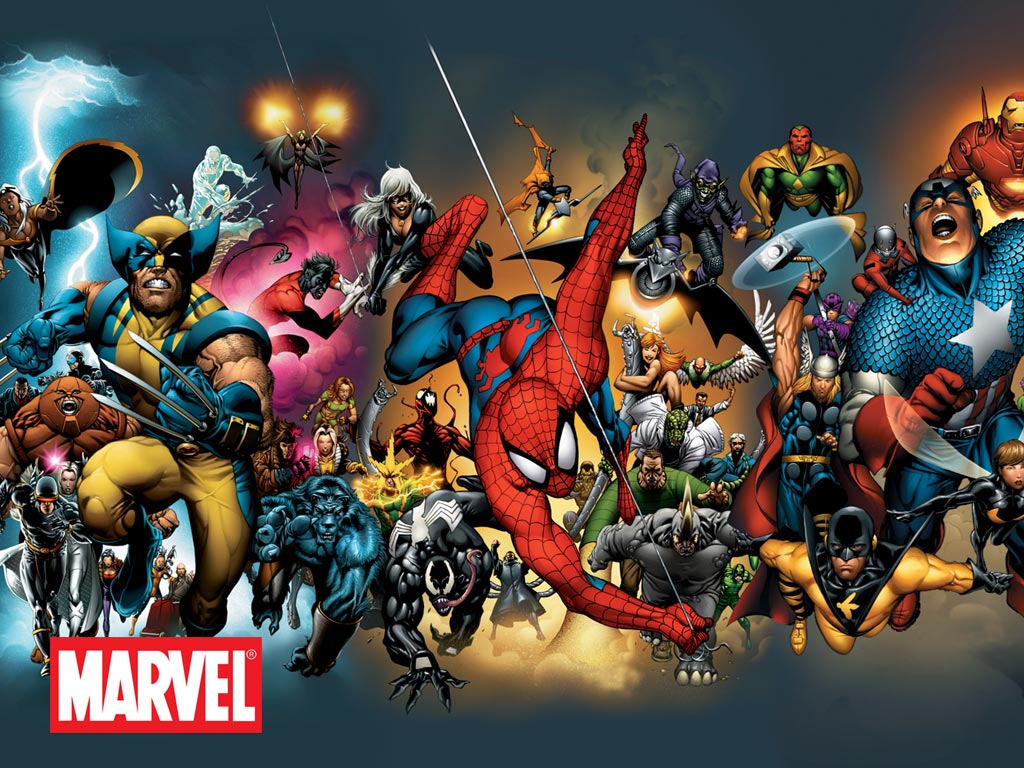A collage of Marvel superheroes including Spider-Man, Wolverine, Captain America, Thor, and more