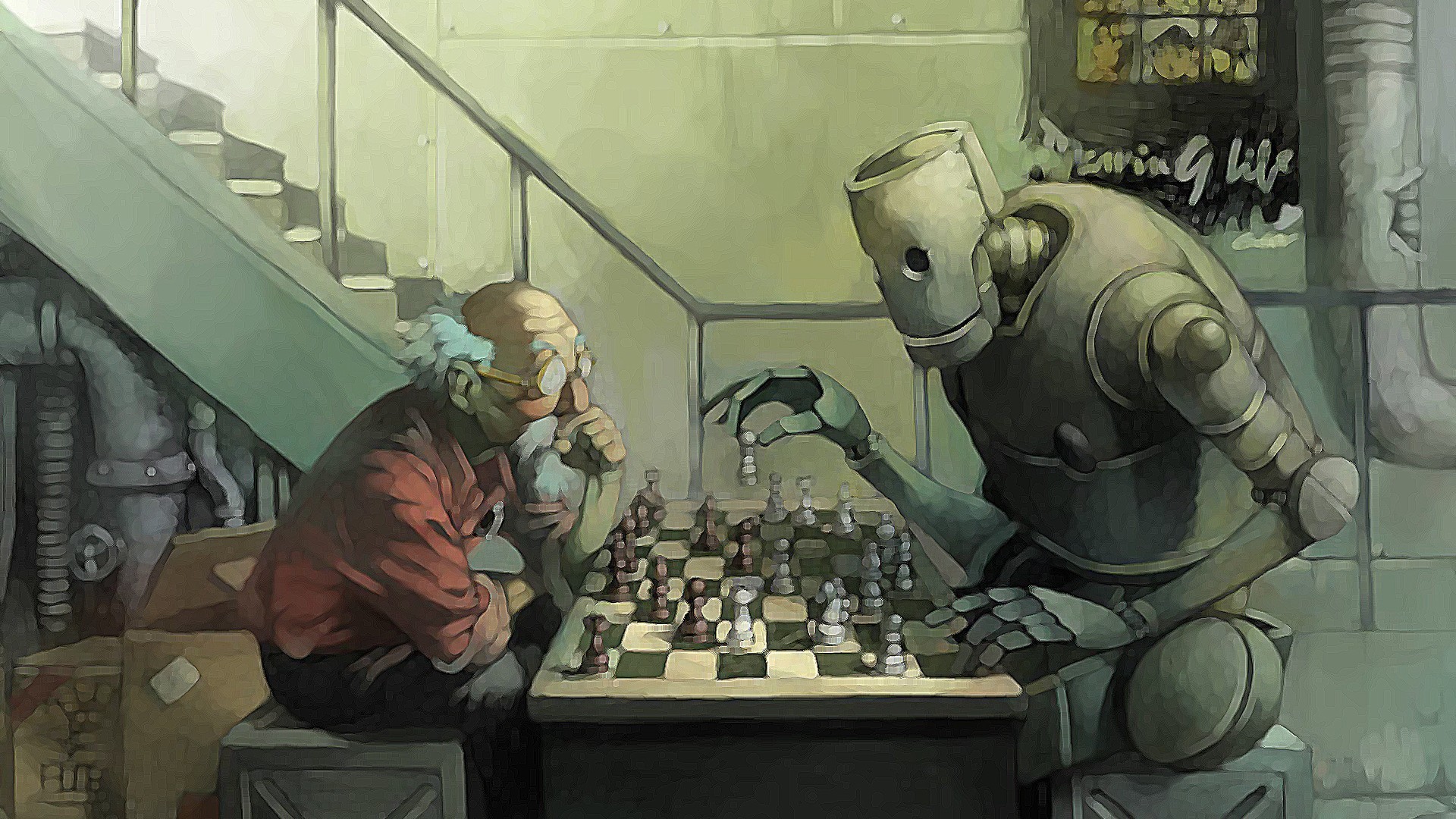 Old Man Playing Chess With A Robot Wallpaper
