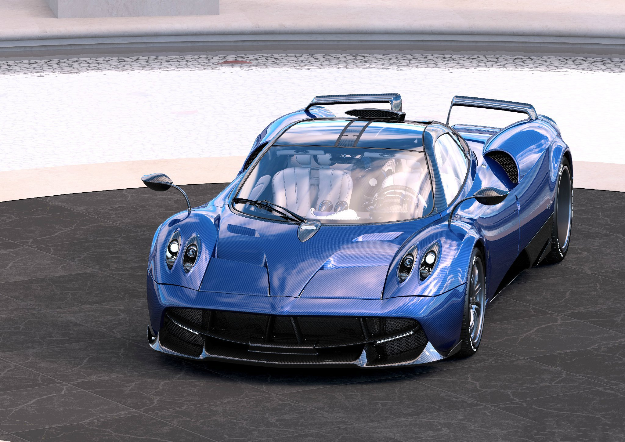 A sleek blue Pagani Huayra supercar parked on a dark tiled surface, showcasing its aerodynamic design and carbon fiber details