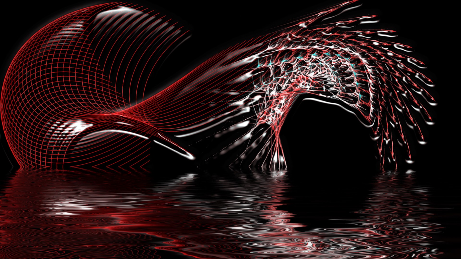 Abstract red and white lines and shapes reflected in dark water on black background