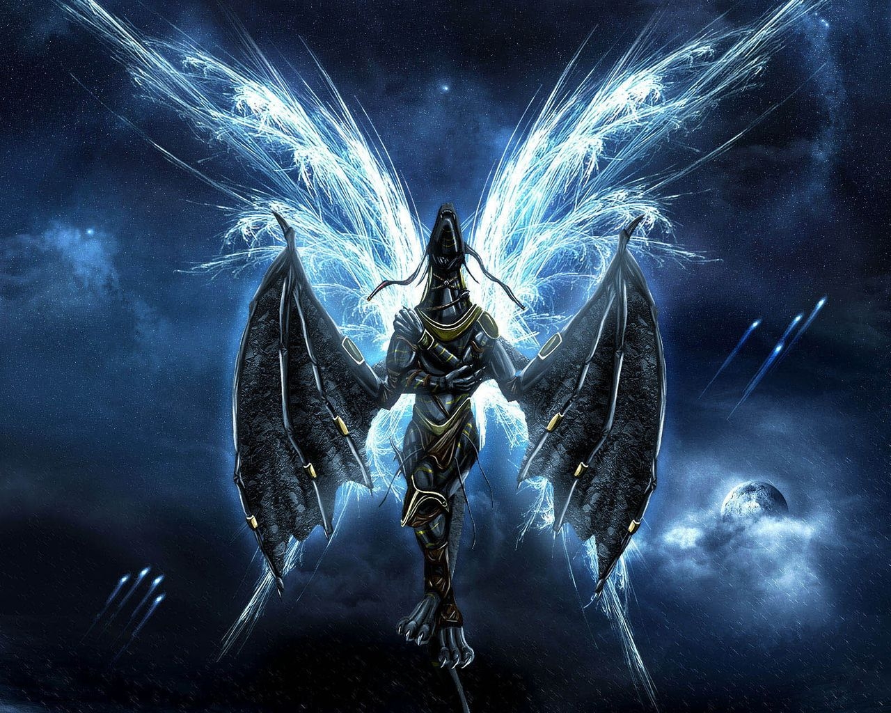 A majestic dragon with dark, textured wings and glowing blue accents against a night sky backdrop