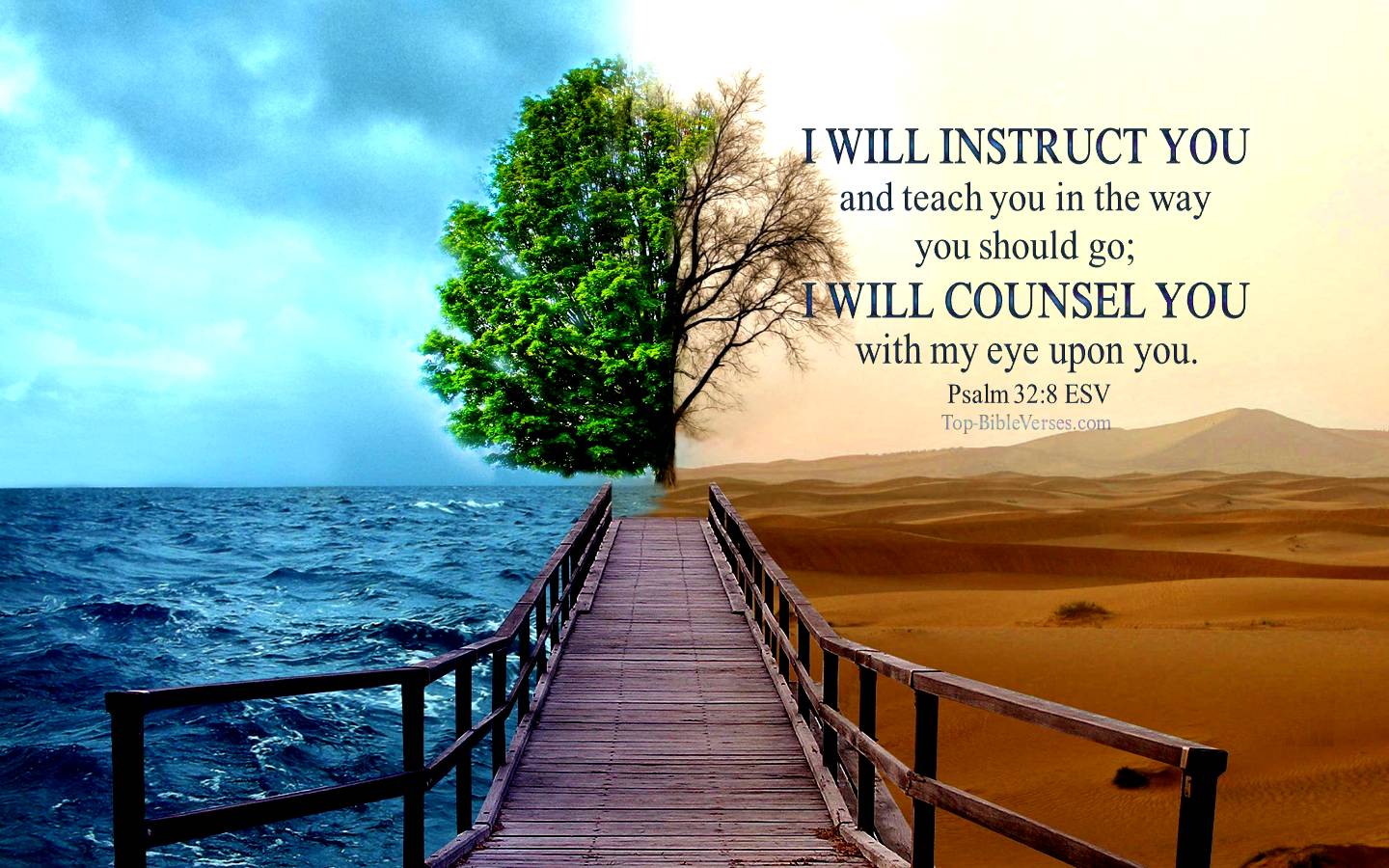 A wooden pier extends from a lush, green landscape on one side to an arid desert on the other, symbolizing life's choices and the guidance offered by Psalm 32:8