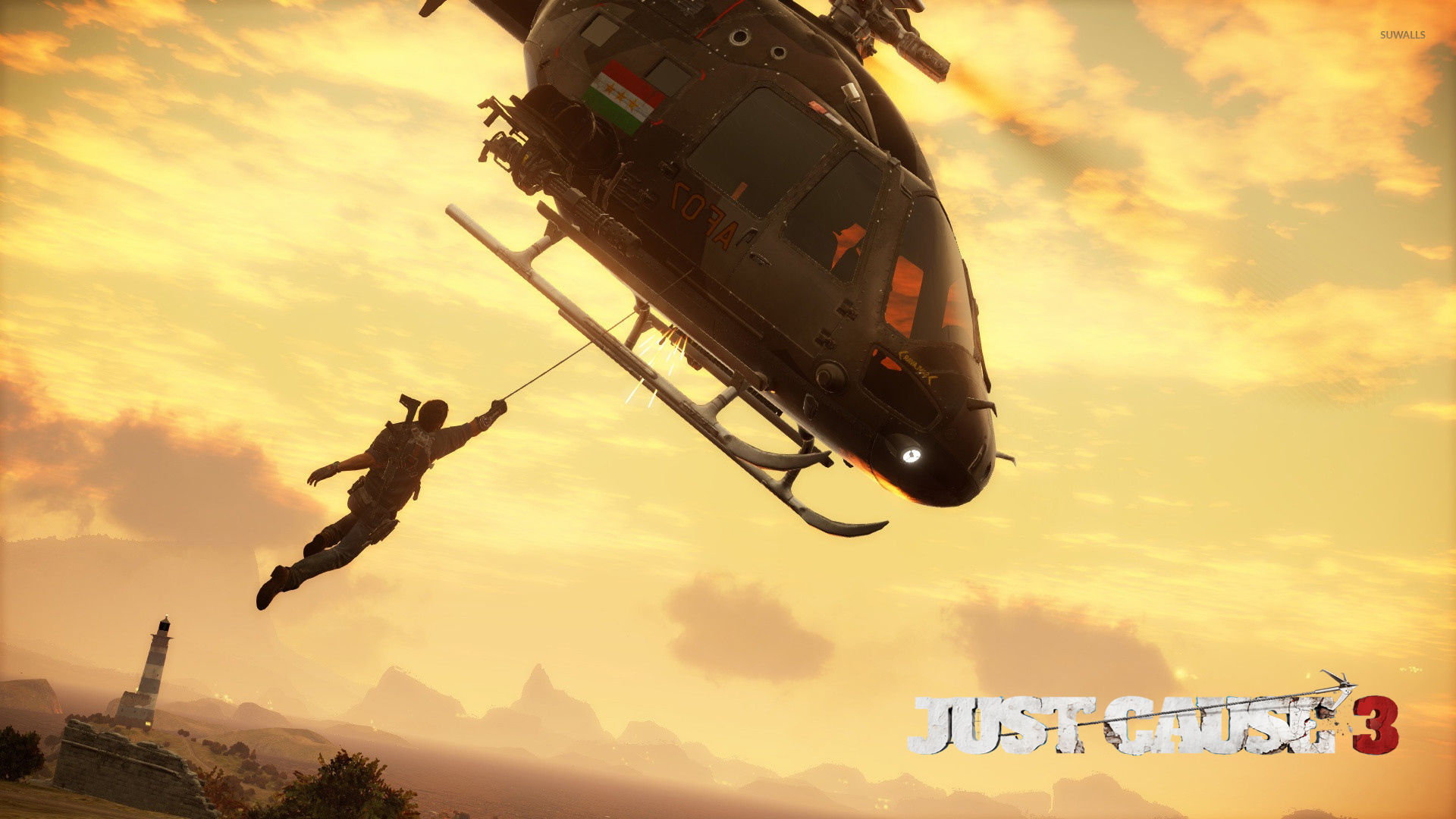 Rico Rodriguez Hanging From A Helicopter Just Cause Wallpaper