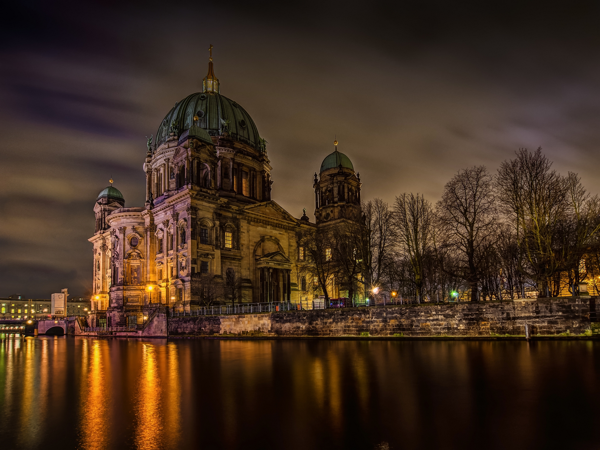 Night City Architecture Dome Light Germany Berlin Cathedral Religious Wallpaper