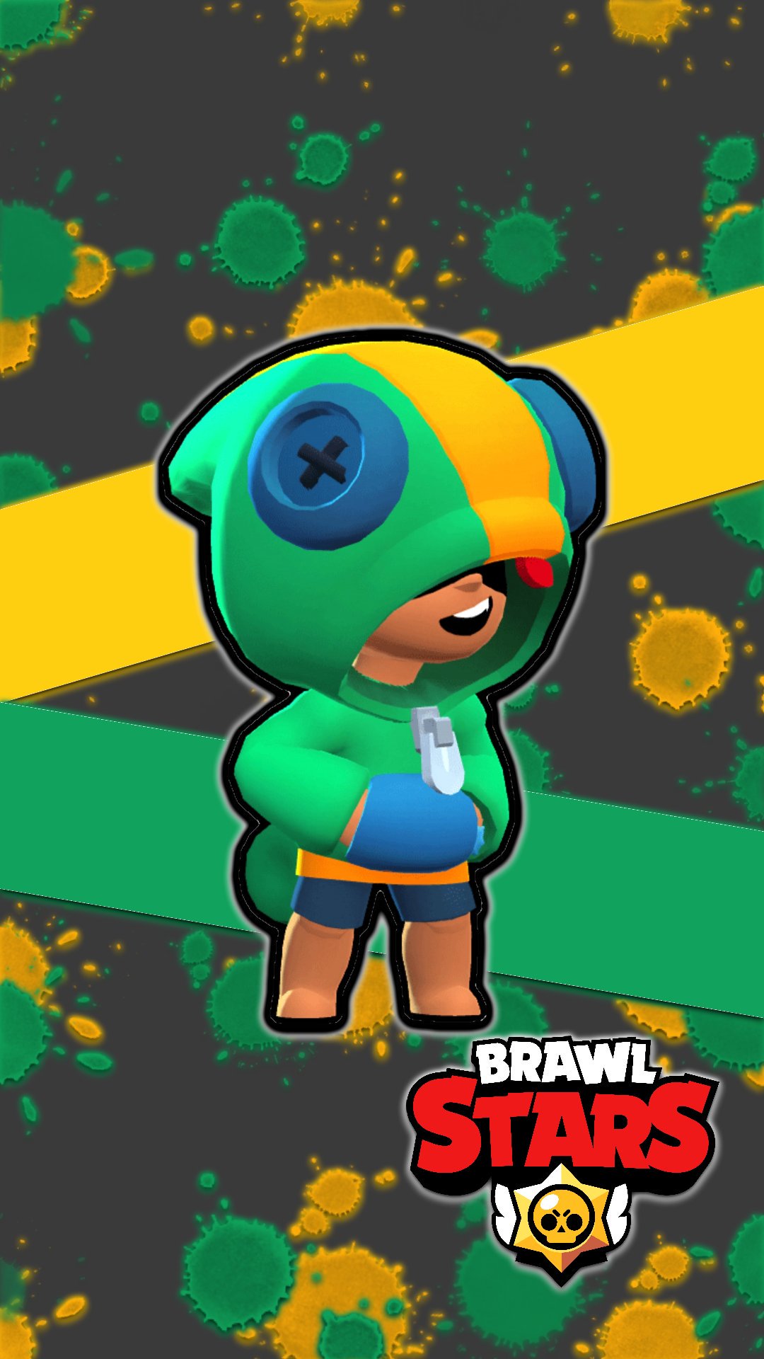 Brawl Stars Leon wallpaper with a vibrant green and yellow color scheme, featuring paint splatters