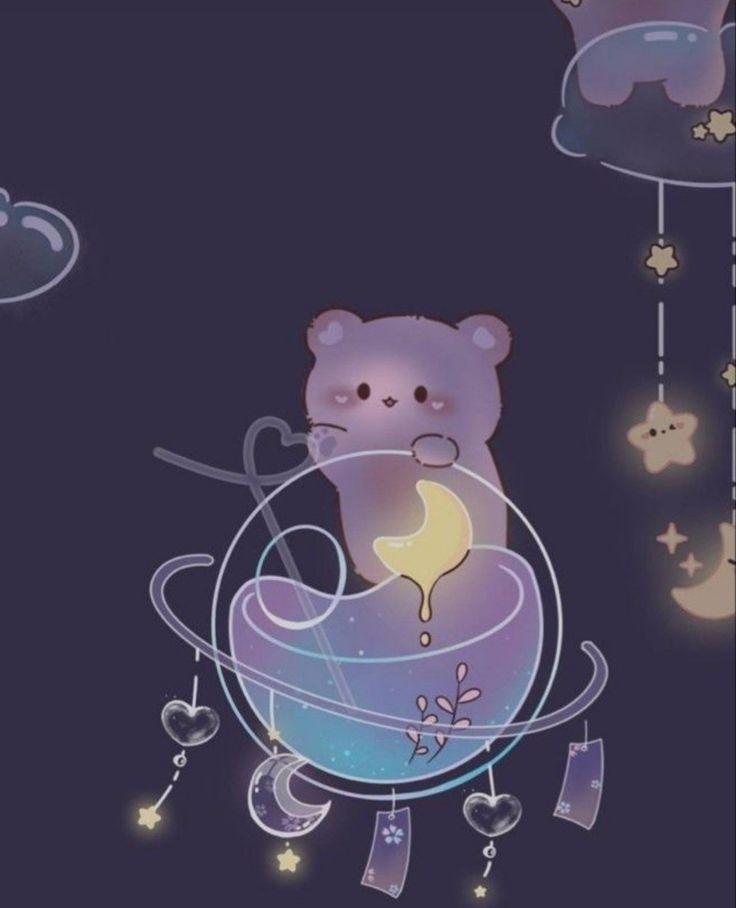 Purple Bear In The Moon Cute Cartoon Wallpaper