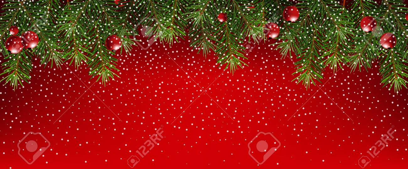Realistic Fir Branches On A Red Background Christmas Banner