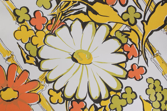S Vintage Wallpaper Vinyl Bright And Bold Orange Flower Trellis