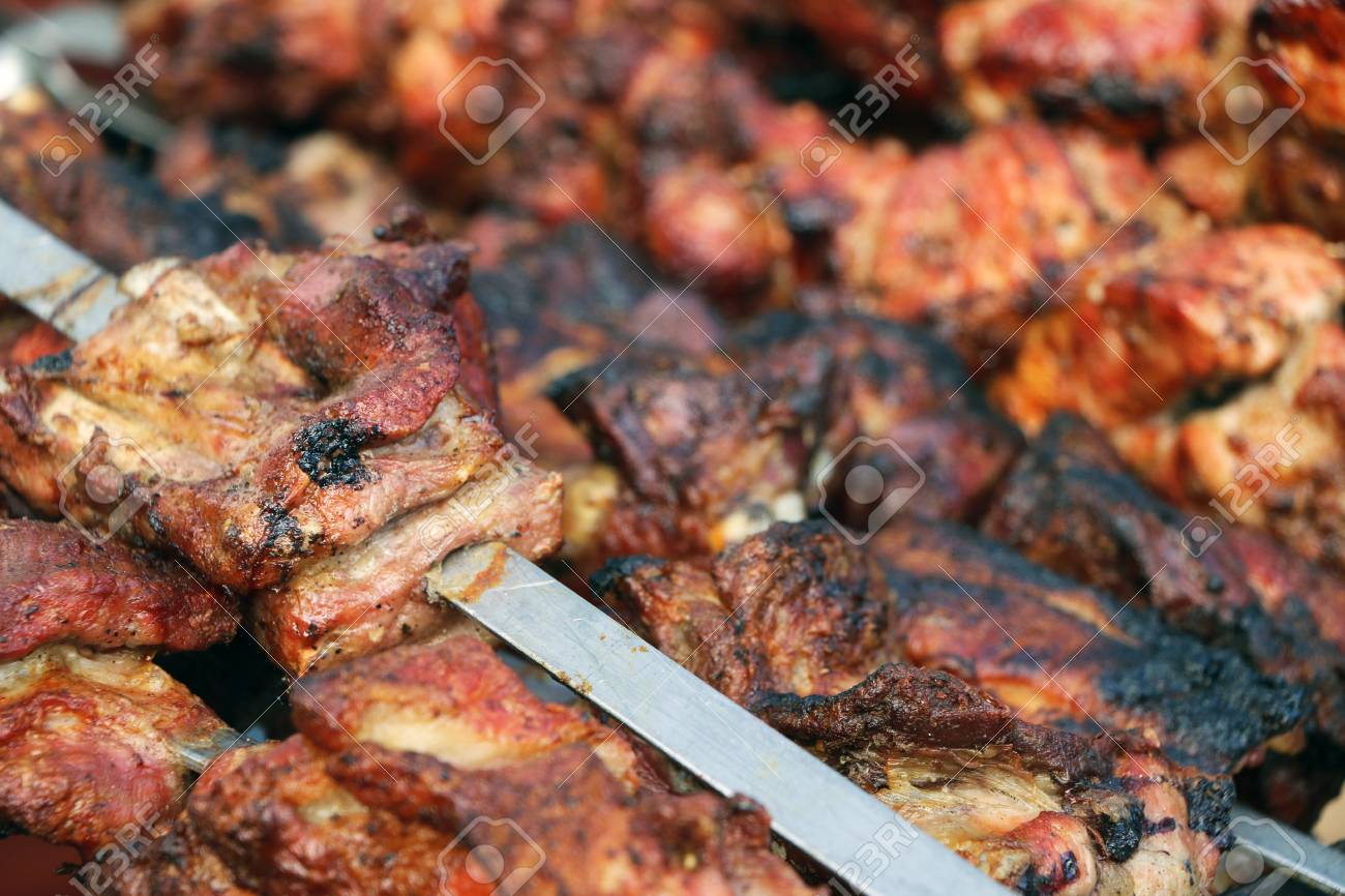 Cooked Rosy Delicious Shish Kebab Barbecue Meat Hot Grill Food