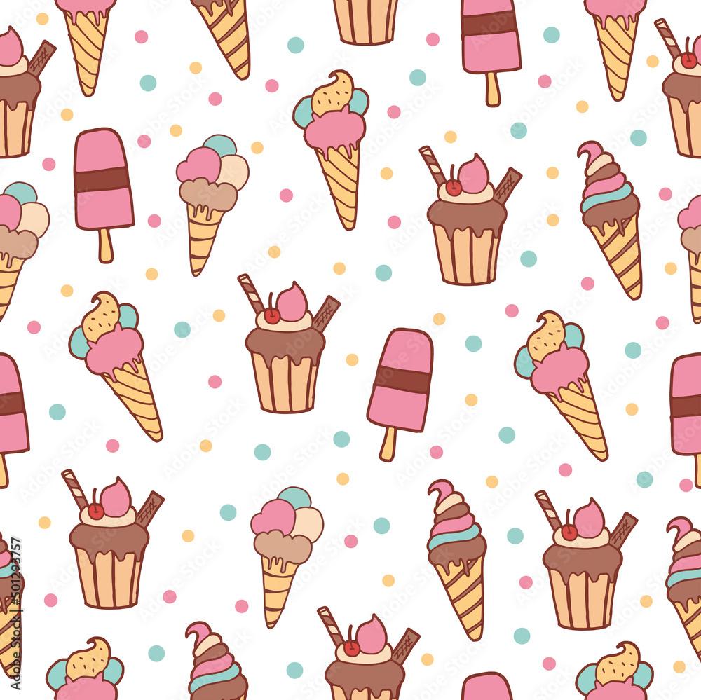 Set Of Cute Ice Cream Illustration On Polka Background Hand Drawn