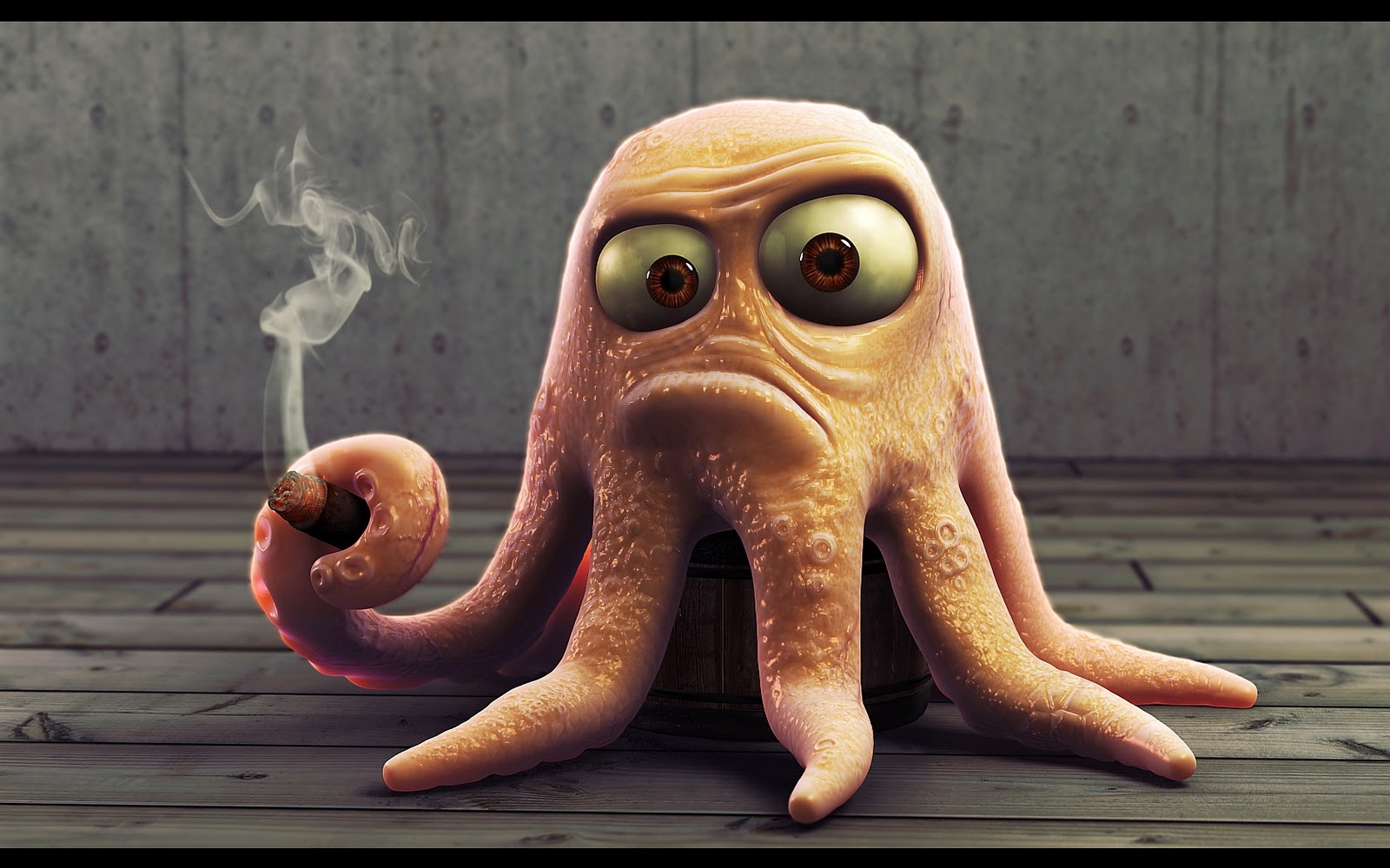 Funny cartoon octopus smoking a cigar with a grumpy expression