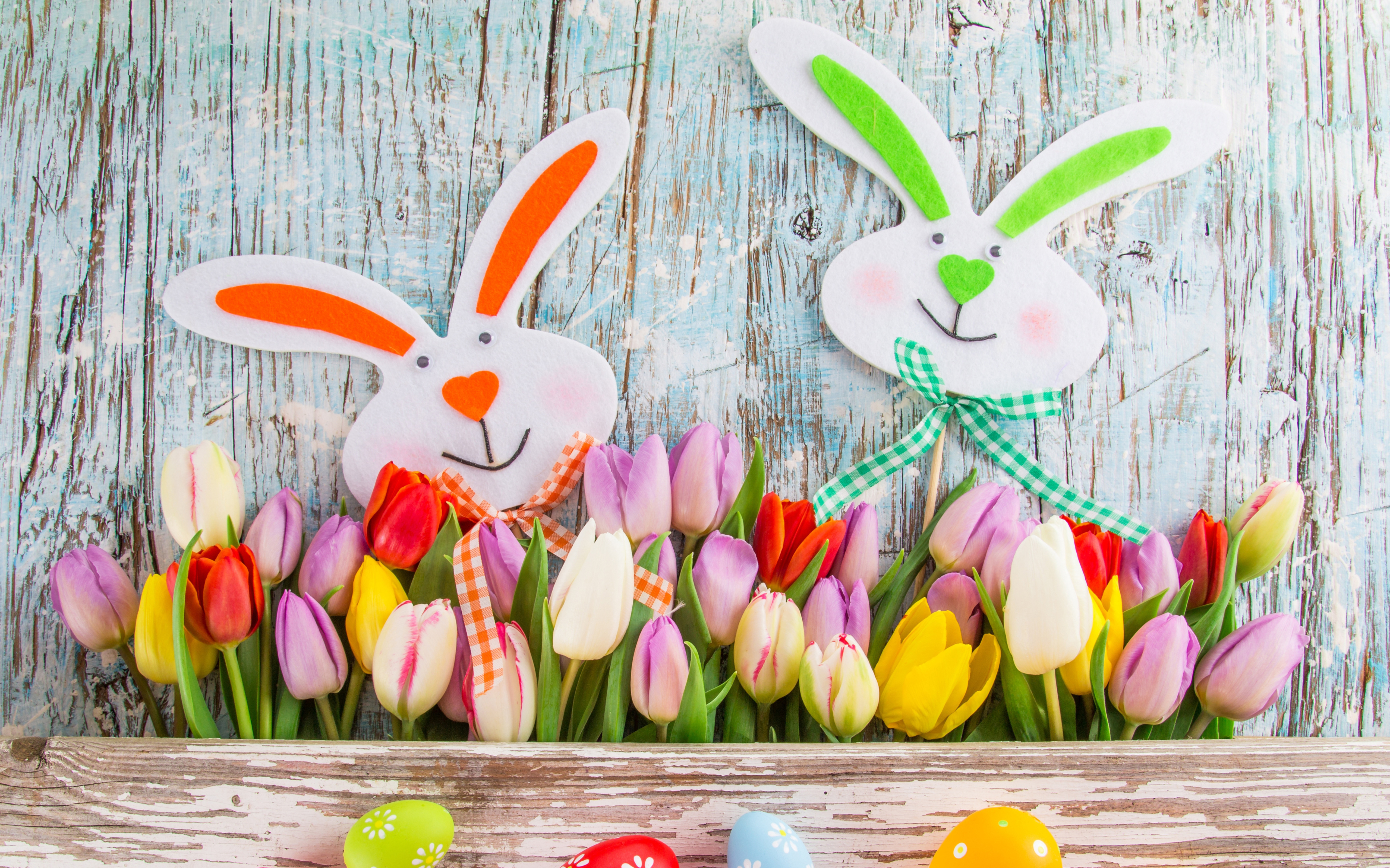 Happy Easter Decor with Bunny Faces and Tulips  wide widescreen