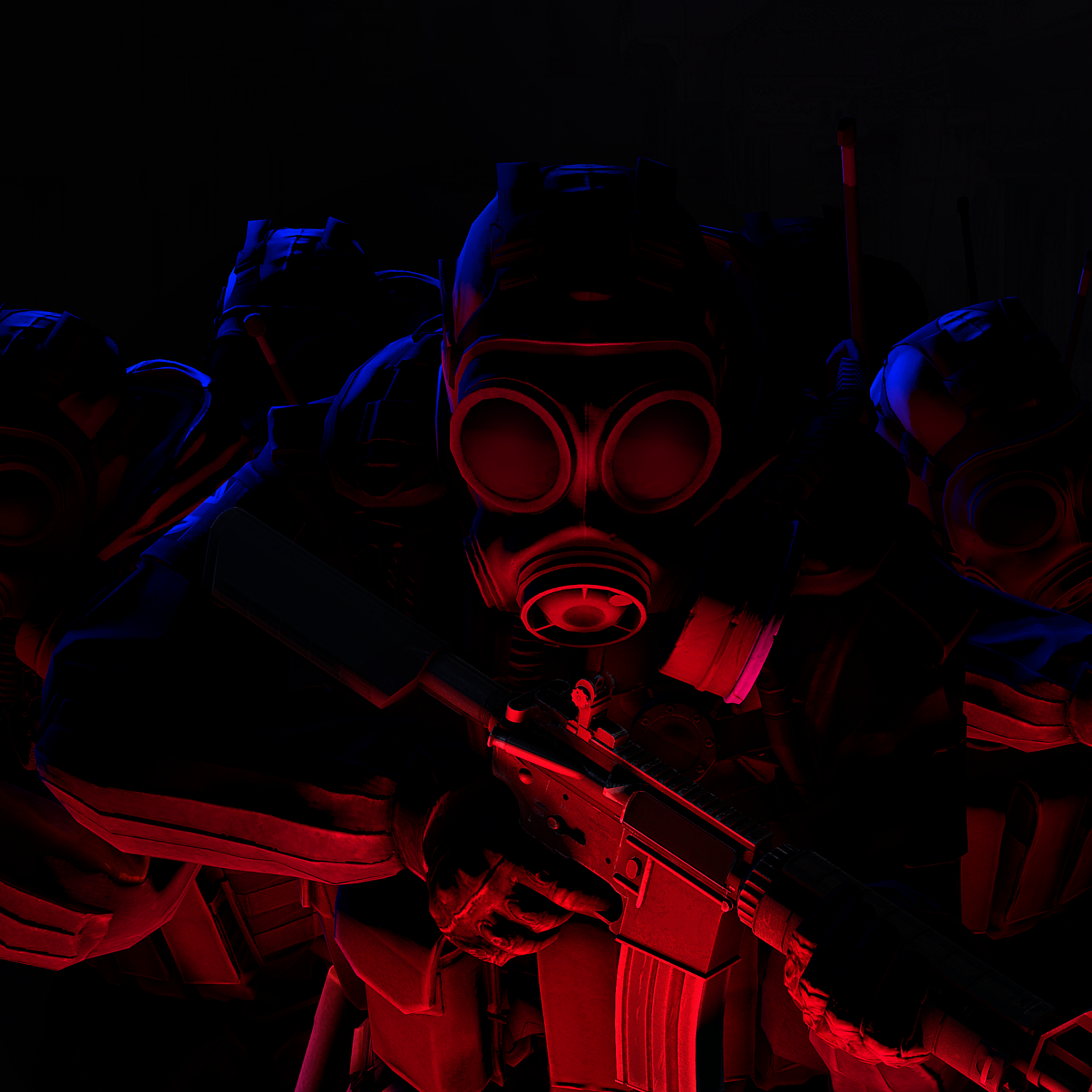 Dark and dramatic image of soldiers in gas masks and tactical gear, possibly from the game Counter-Strike: Global Offensive