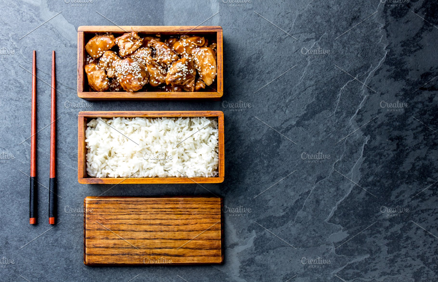 Japanese Food Chicken Teriyaki With Rice In Wooden Bento Lunch